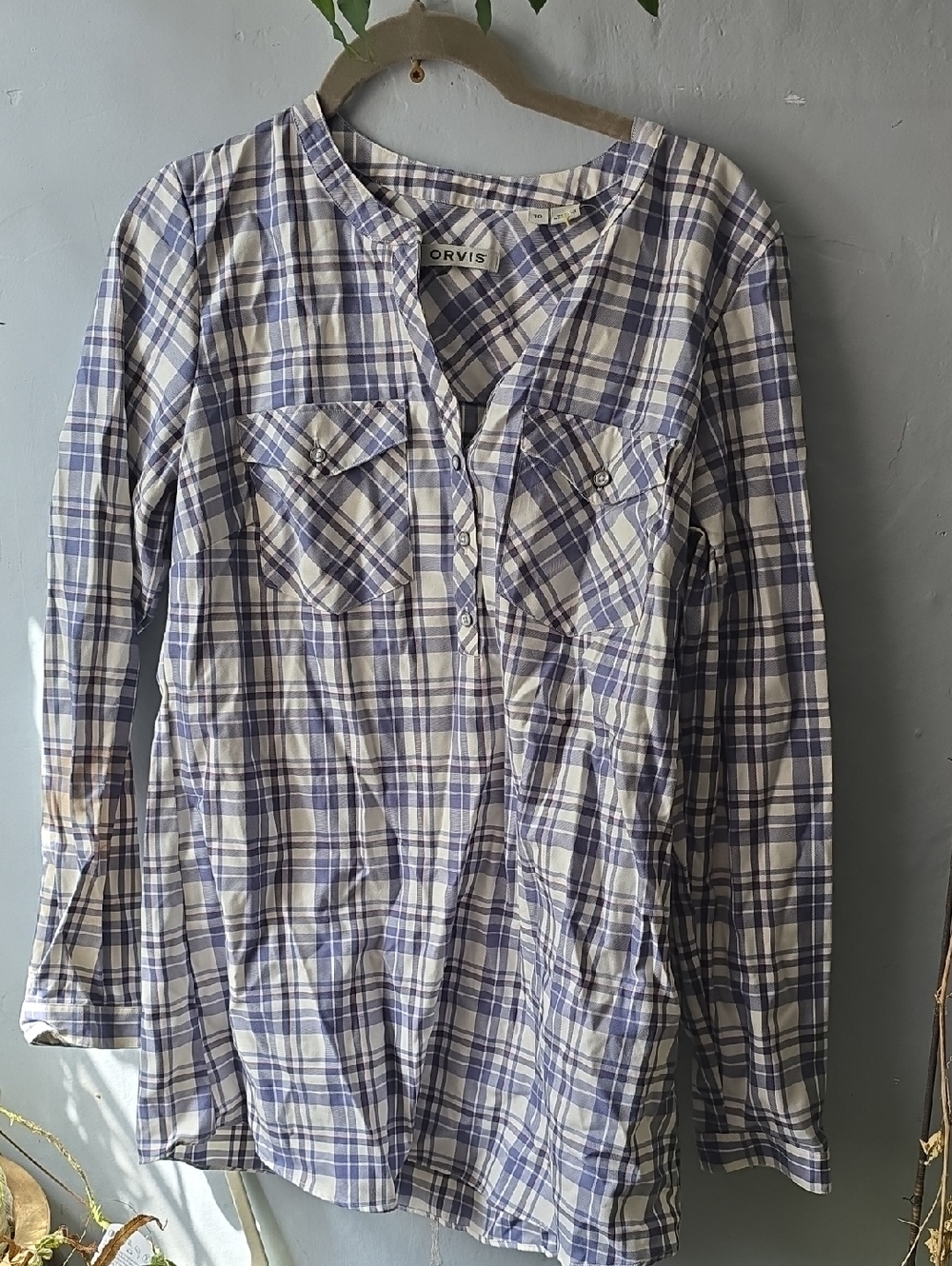 Orvis Popover Tunic Top Blue White Plaid  100% Cotton Sz 10 M/L